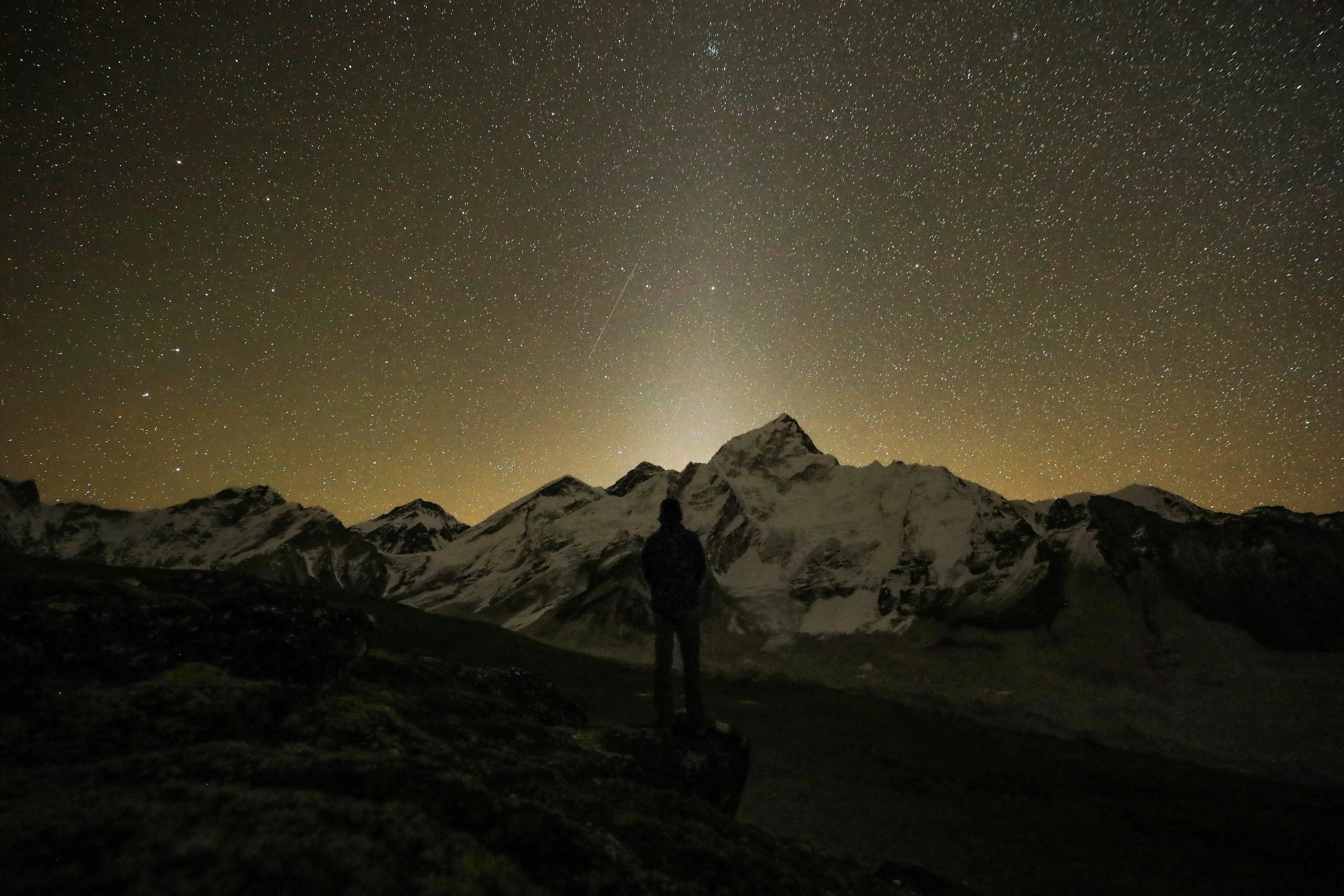 Starry night sky over the Khumbu with silhouetted trekker